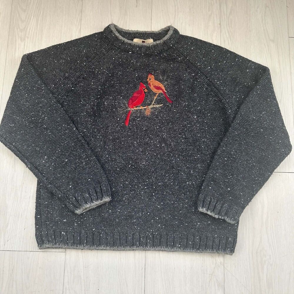 Vintage Woolrich Sweater Womens Med Gray Cotton Embroidered Cardinal Bird 90s